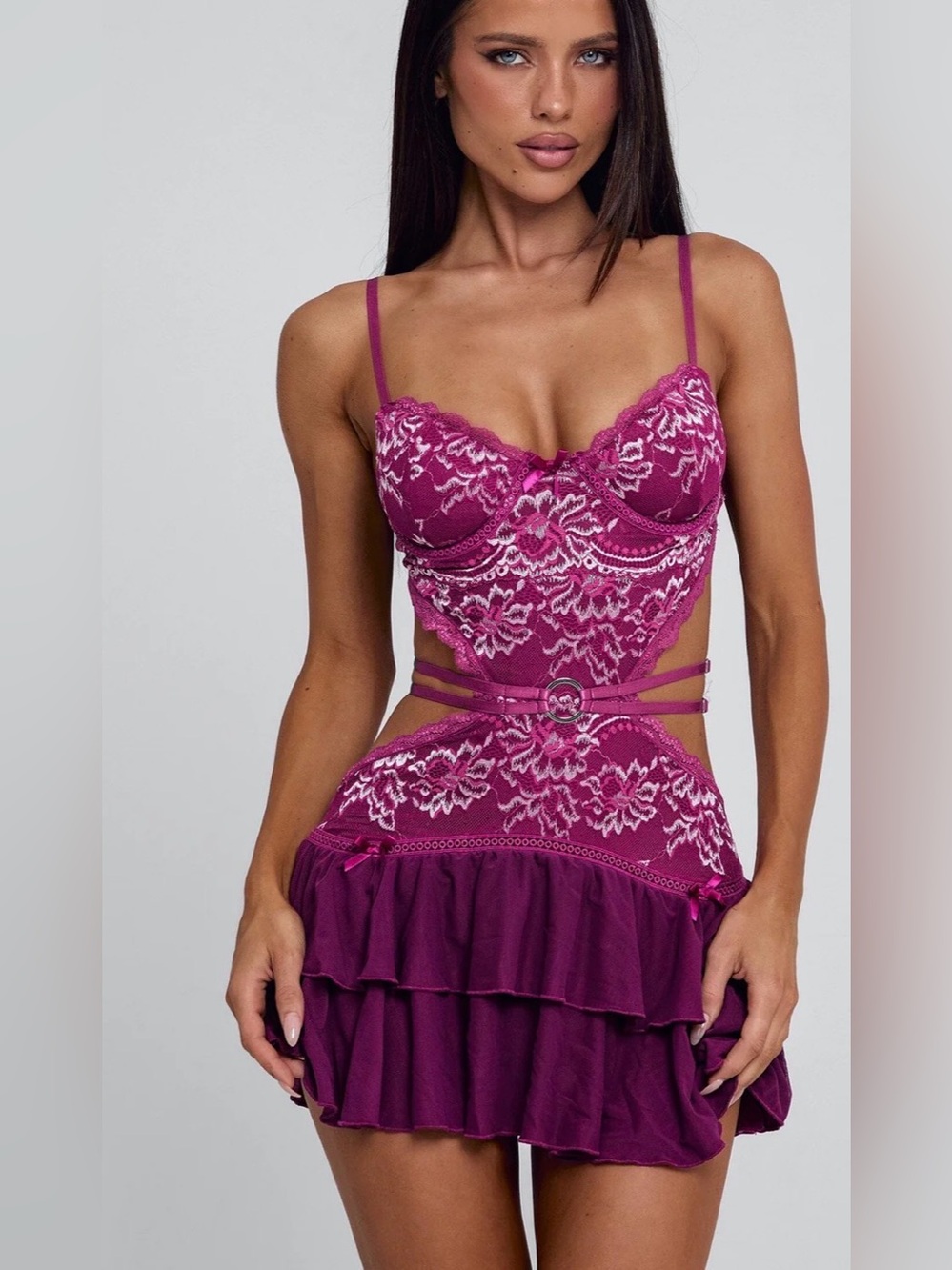 Fuchsia Lace Mini Dress with Tiered Skirt